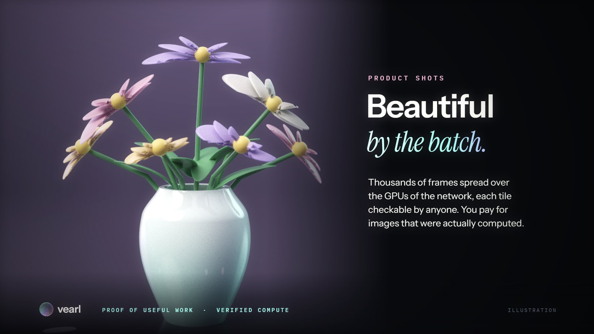 A ceramic vase of pastel flowers, rendered in 3D, with the words Beautiful by the batch